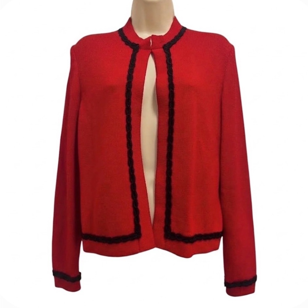 St. John Santana Knit red jacket blazer black trim-small hole- size 4 - EUC